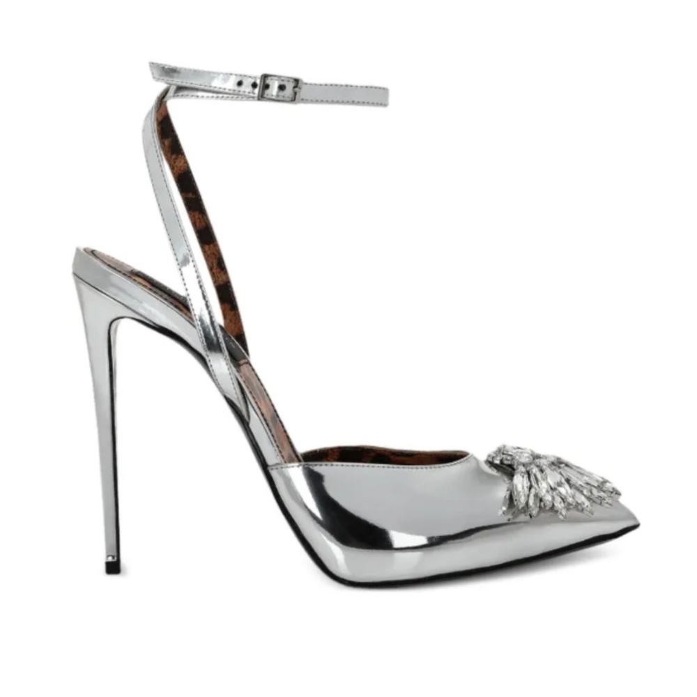 Philipp Plein Silver Metallic Pointed Toe Ankle Strap Heels